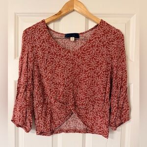 Rust Floral V-Neck Twist Hem Cropped Blouse